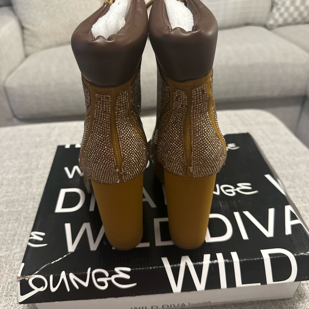 Women's Gold Rhinestone Tan Lace-Up High Heel Booties - Picture 4 of 5